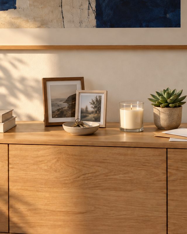 A sideboard covered in small, unrelated objects