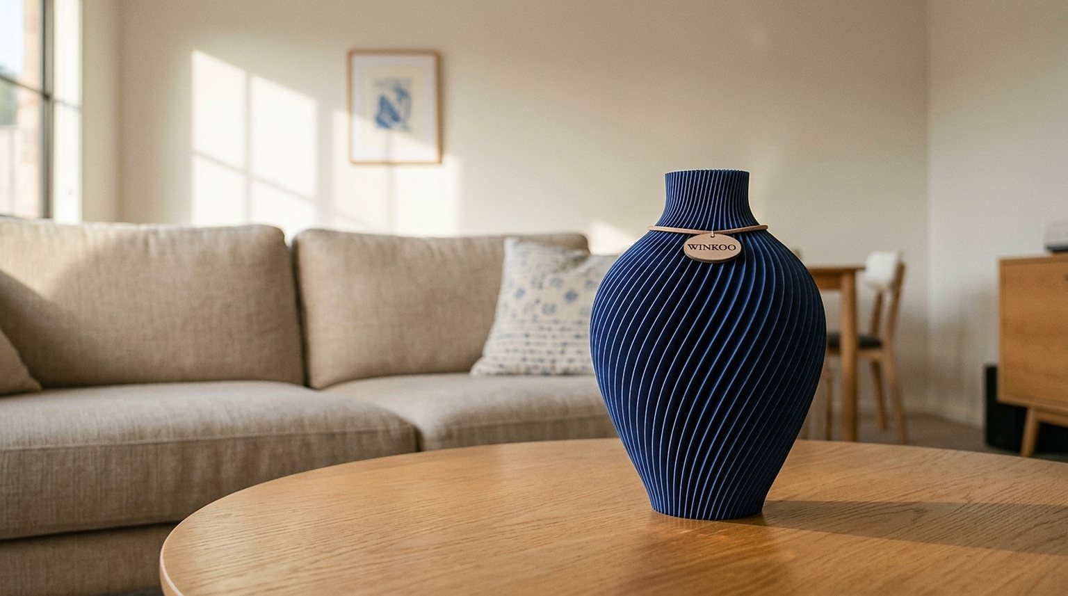 A Royal Blue WINKOO Noma vase on a round oak coffee table in a sunlit living room, with a linen sofa and a blue-patterned cushion