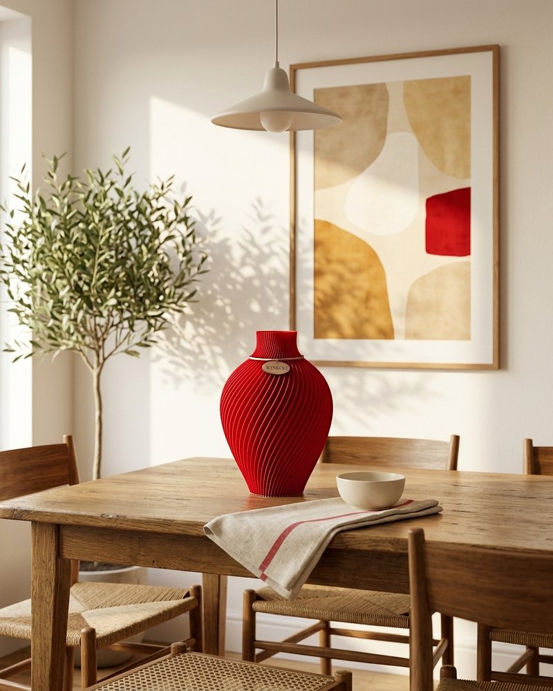Fire Red Noma on a pale oak dining table with a print that has a hint of red