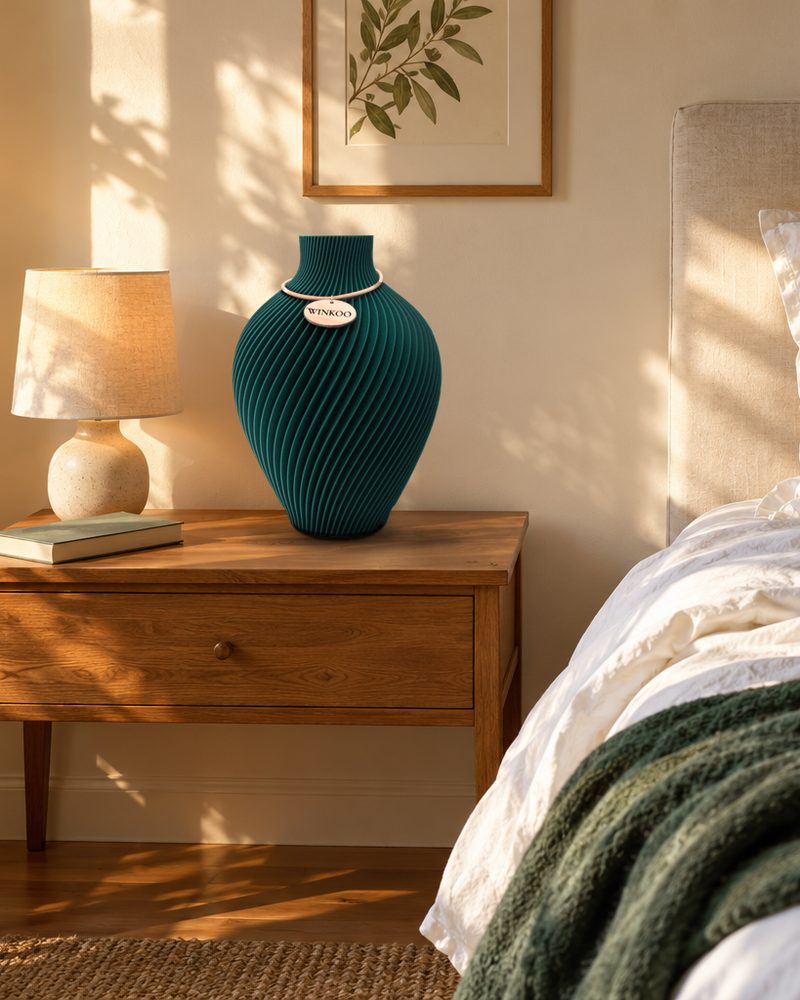 Jade Green Noma on a bedside table with white linen and a green throw