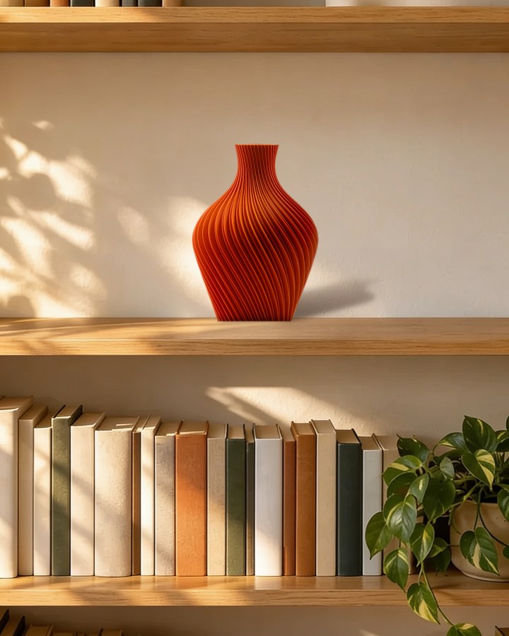 A Sunlit Terracotta vase alone on a bookshelf with space around it