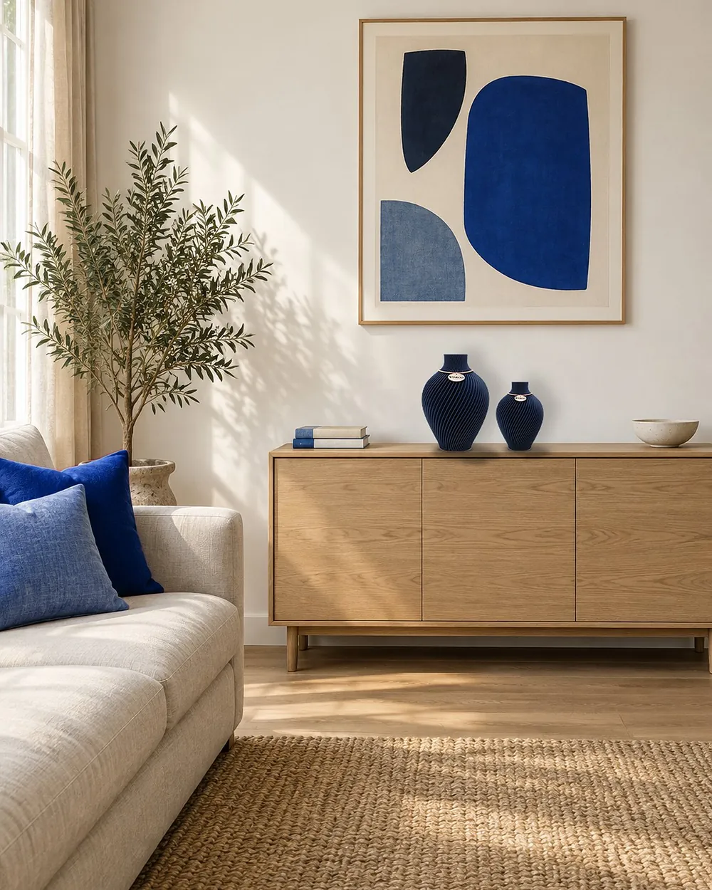The same sideboard with a pair of Royal Blue WINKOO vases in two heights under the blue artwork