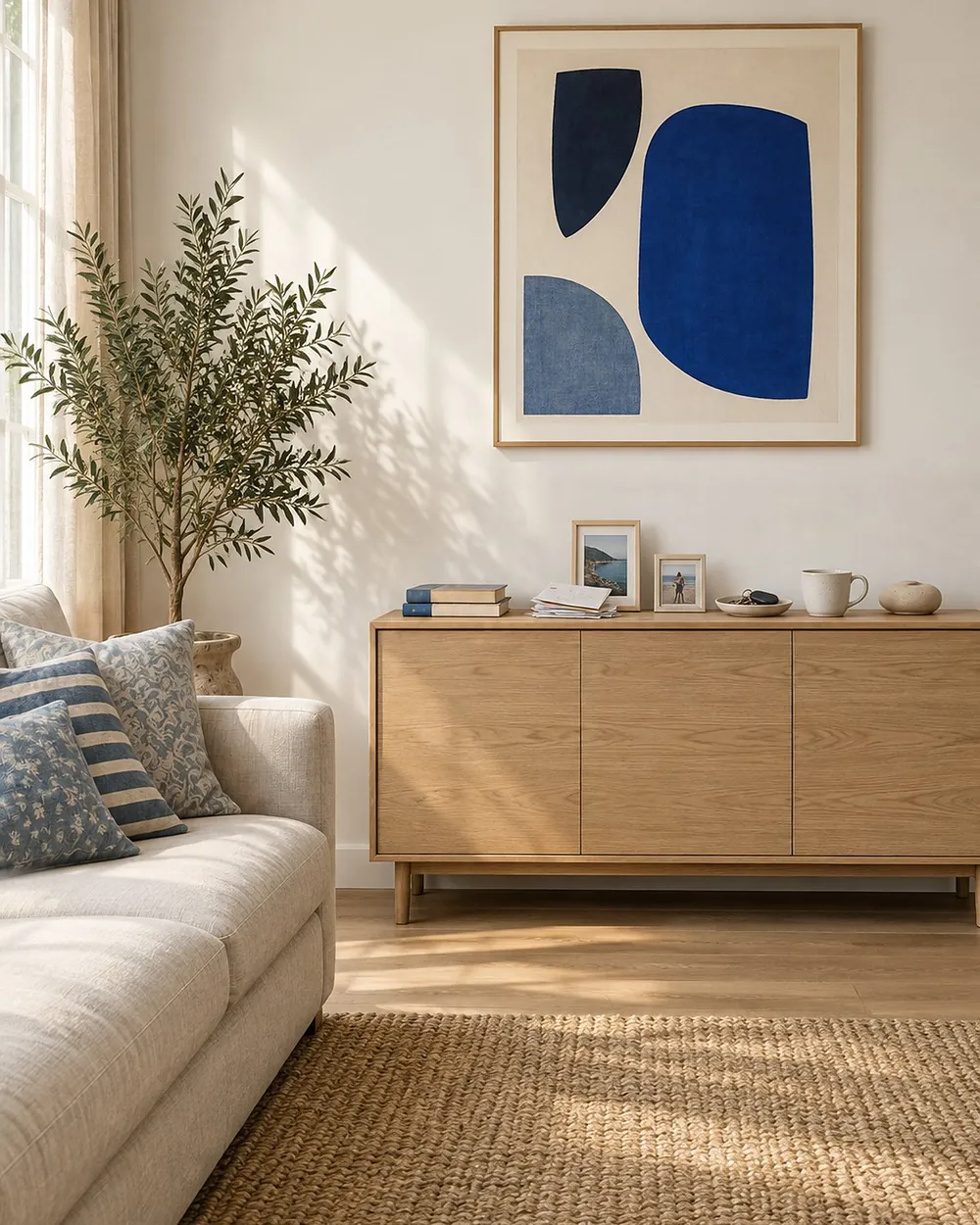 A sideboard holding a row of small ornaments under a blue artwork