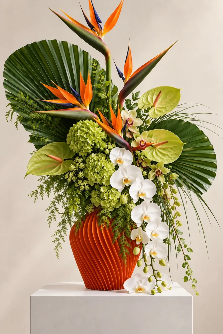 A Sunlit Terracotta WINKOO vase holding a large bunch of orchids, green leaves and orange bird of paradise flowers