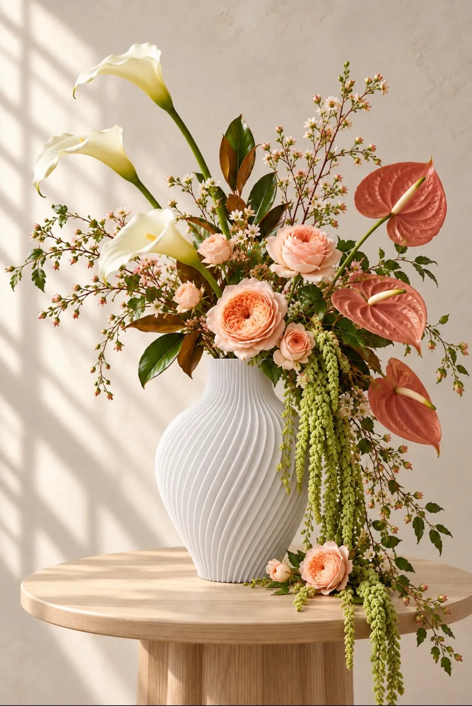 A Snow White WINKOO vase filled with fresh flowers, including calla lilies and garden roses