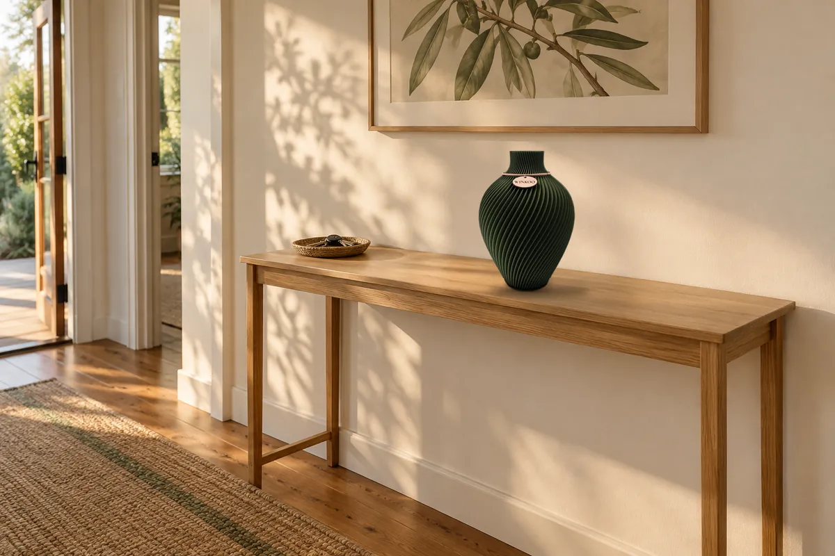 A Moss Green Noma vase standing on a timber console table in a hallway