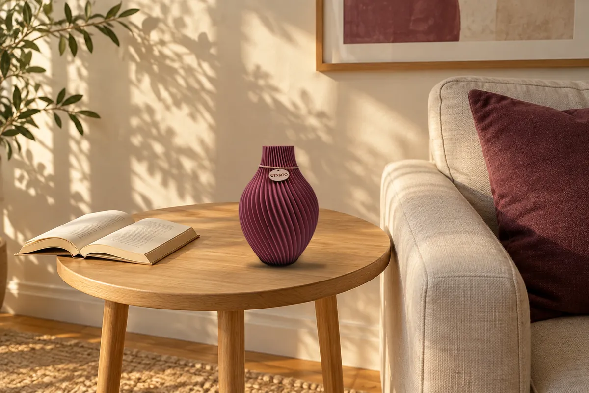 A Mulberry Purple Orrin vase on a round side table, beside an armchair with a cushion in the same colour