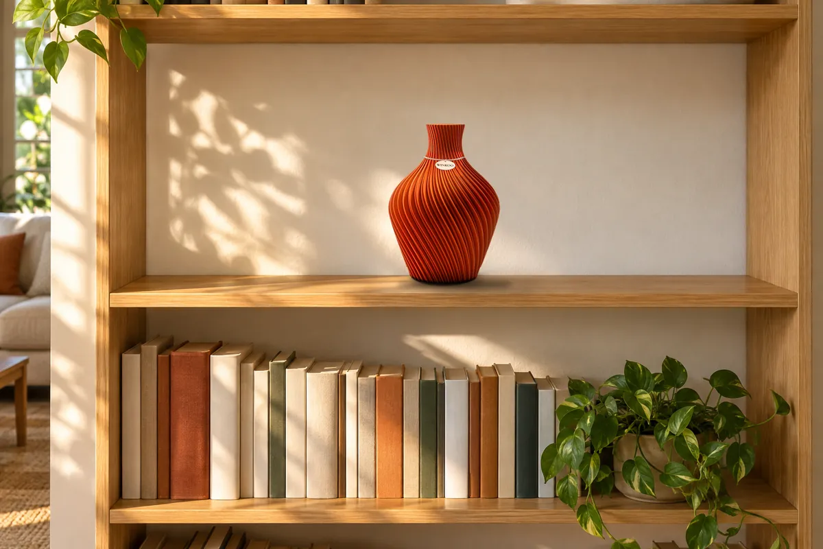 A Sunlit Terracotta Aro vase with clear space around it on a timber bookshelf, above a row of books