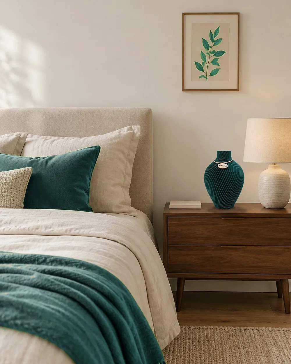 An empty Jade Green Noma vase on a timber bedside table, beside a bed with a green cushion and a green throw
