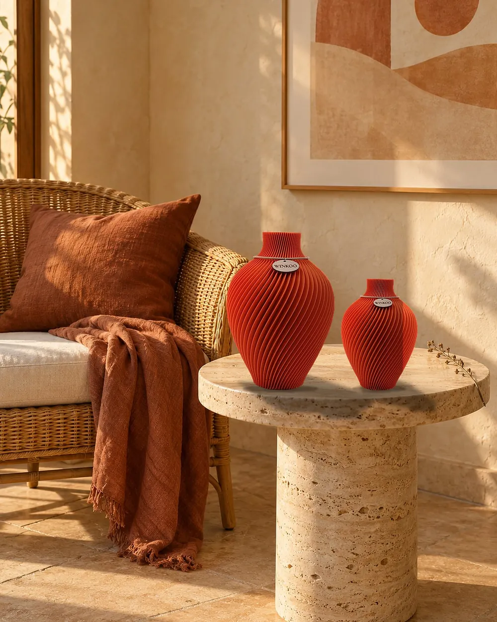 Two empty Sunlit Terracotta Noma vases of different heights on a side table, beside a terracotta cushion and throw
