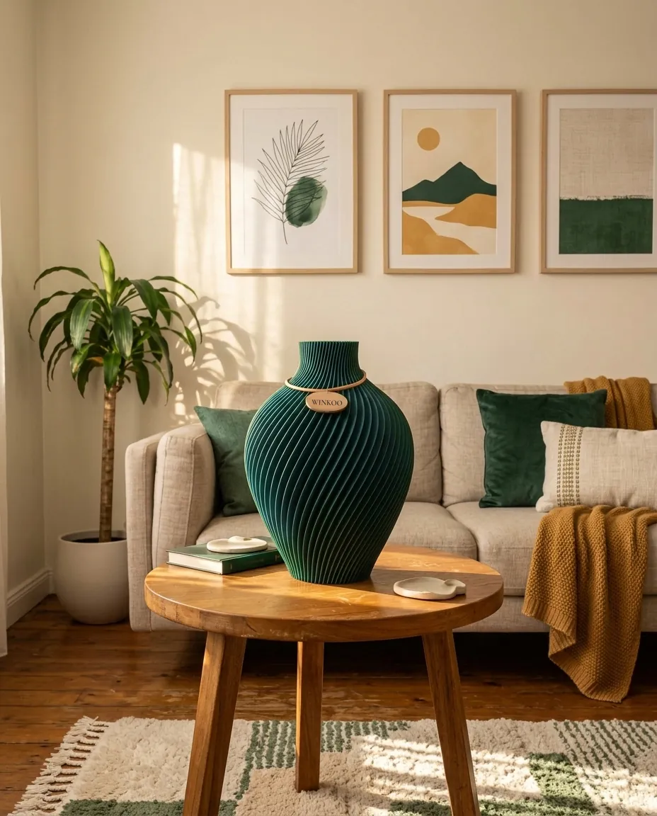 One empty Jade Green Noma vase on a coffee table, near a sofa with green cushions