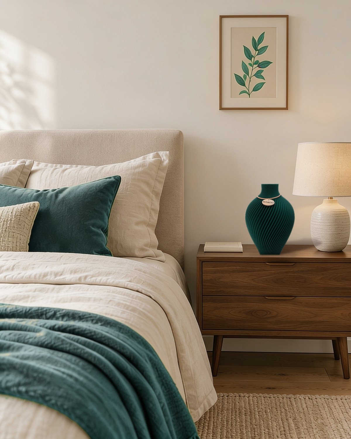 Jade Green Noma on a bedside table with a jade throw