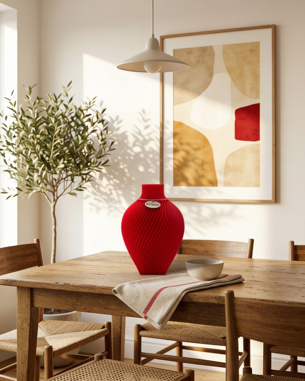 Fire Red Noma on an oak dining table with red in the art and napkin