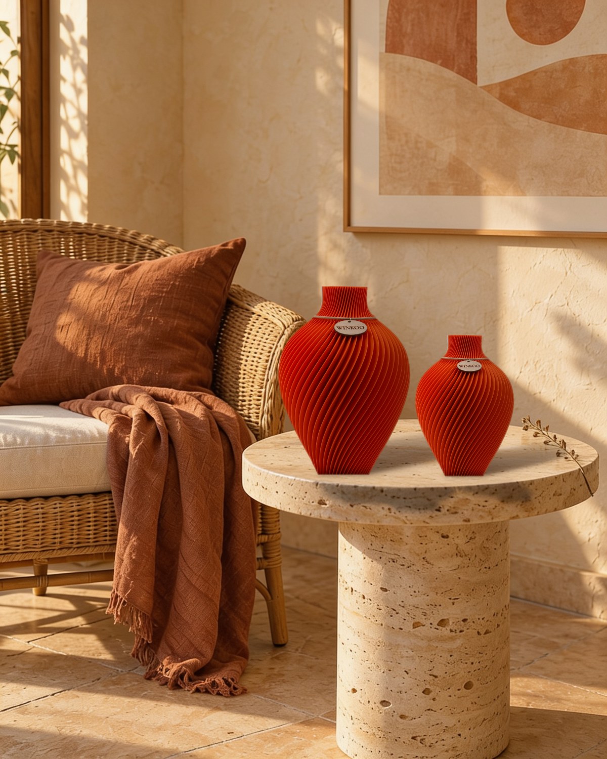 Sunlit Terracotta Noma vases on a stone side table with a rust throw